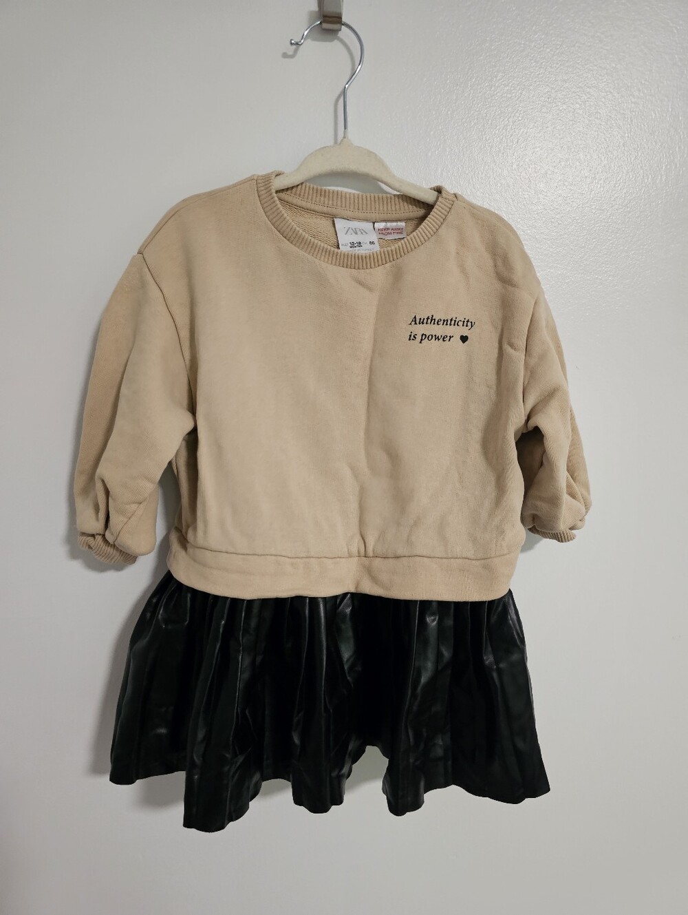 🧸2/20$ Zara Sweatshirt Dress Leather Pleated Skirt Size 12-18M Baby Girl